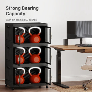 UAMFURI black storage cabinet with clear and white panel doors open door view