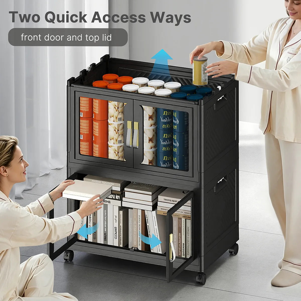 UAMFURI black storage cabinet with two people organizing household items