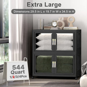 Extra large black stackable plastic storage cabinet with clear doors and wheels, 544 quart 2 pack storage bins