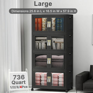 Black stackable storage bins with clear doors, lids and wheels, large 736 quart 4 pack plastic storage cabinet