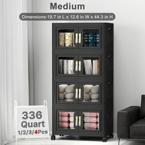 Black stackable storage bins with clear doors, lids and wheels, medium 336 quart 4 pack plastic storage cabinet