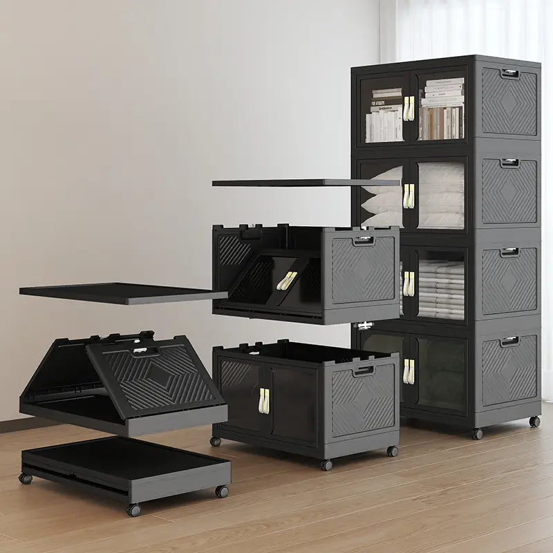 UAMFURI black foldable stackable storage cabinet with wheels, featuring wheel detail and overall product view