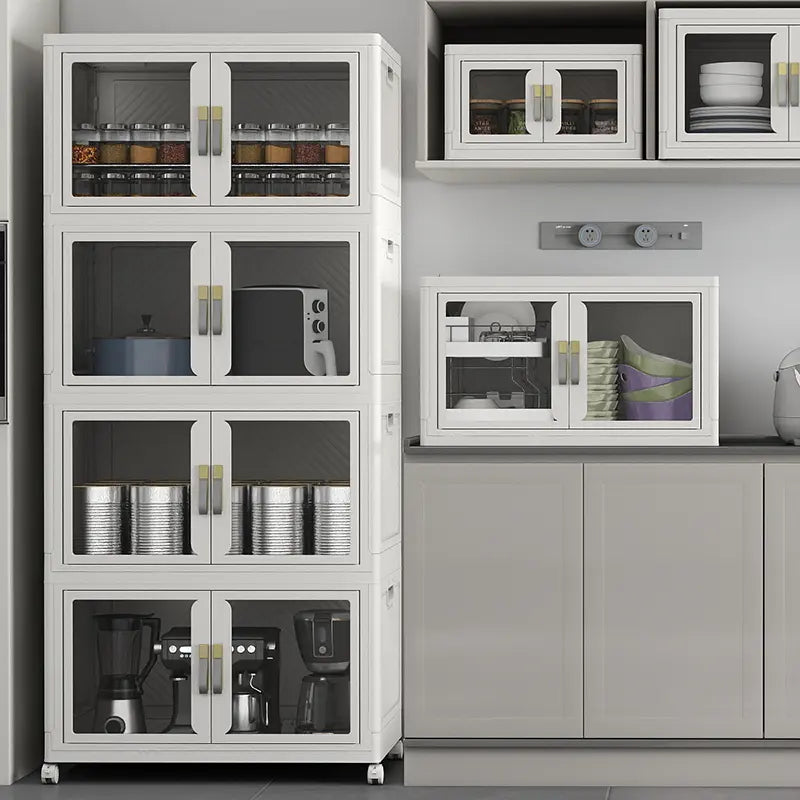 UAMFURI white stackable storage cabinets used for kitchen organization, with one single unit placed inside a cabinet shelf