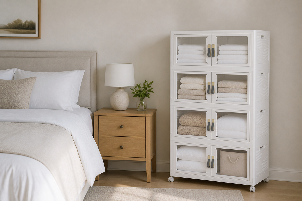 White clear storage bins with lids arranged beside a neatly prepared American guest-room bed