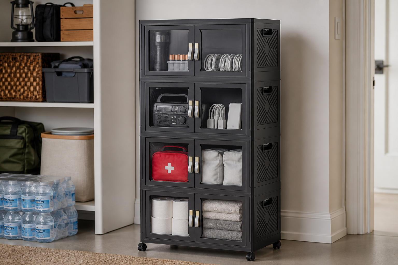 Black large stackable storage bins organizing emergency supplies in a clean utility room.