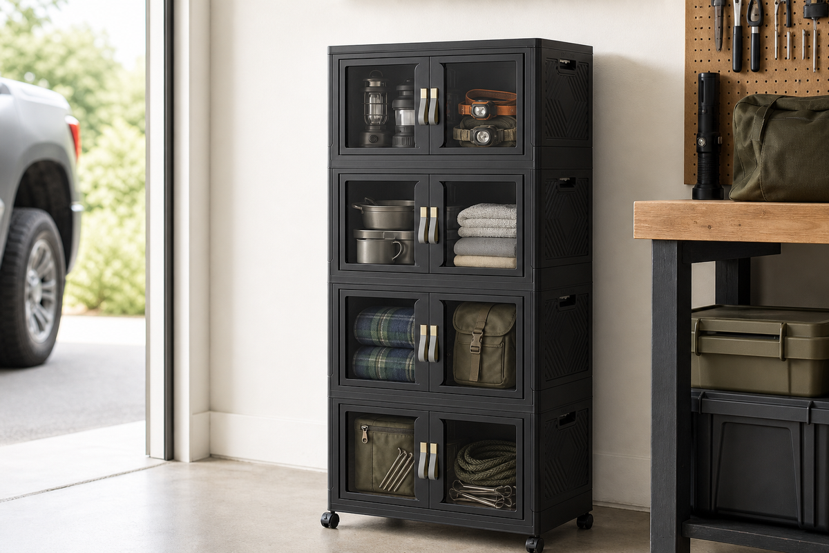 Large black stackable storage bins with open-front doors organizing camping gear in a clean garage