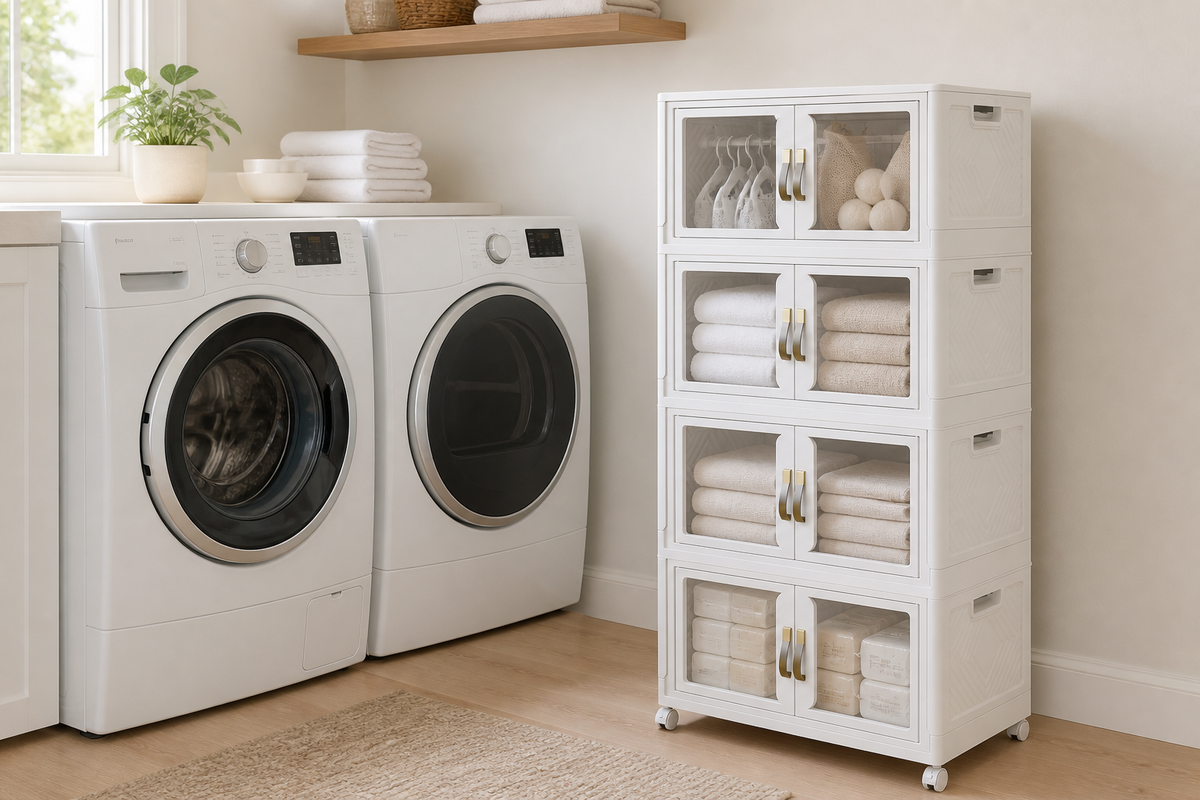 White plastic stackable storage bins organizing linens and laundry supplies beside a washer and dryer