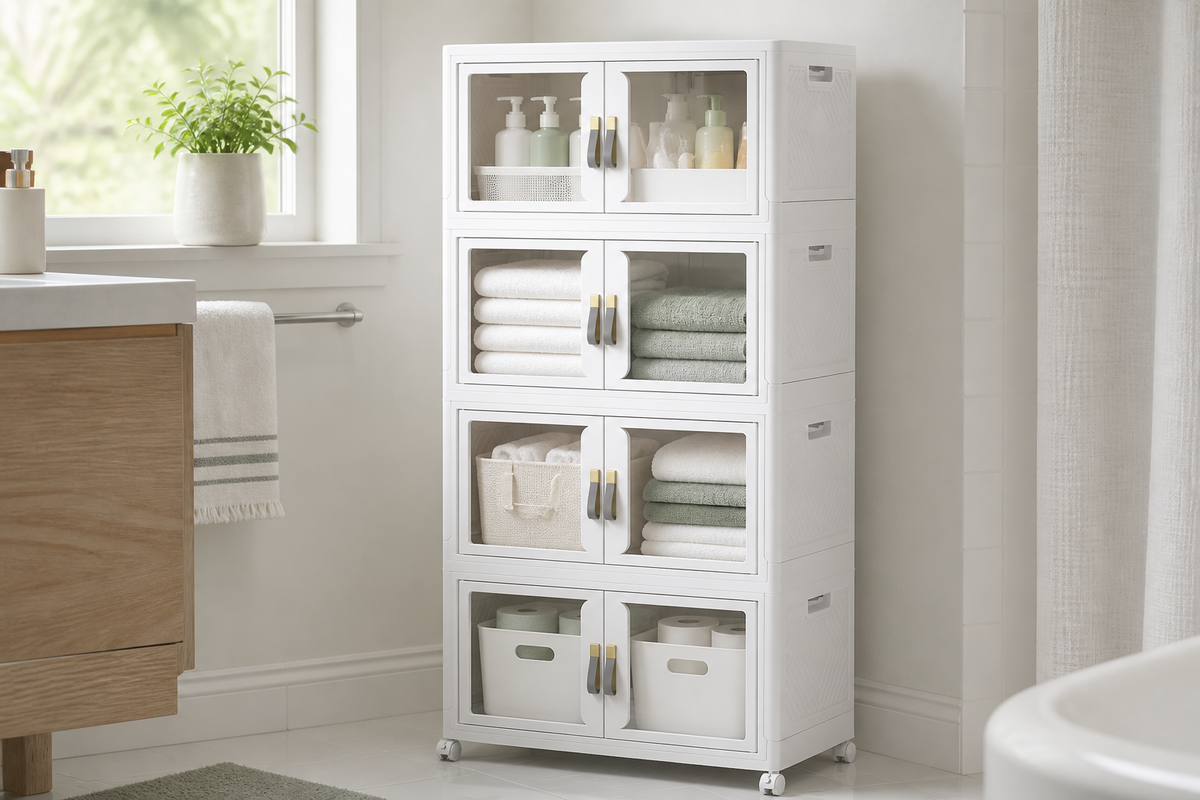 White stackable bathroom storage bins with clear doors holding folded towels and toiletries.