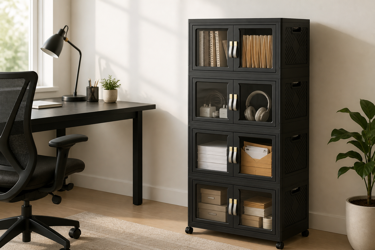 Black stackable bin storage organizing projects and office supplies beside a modern home workspace