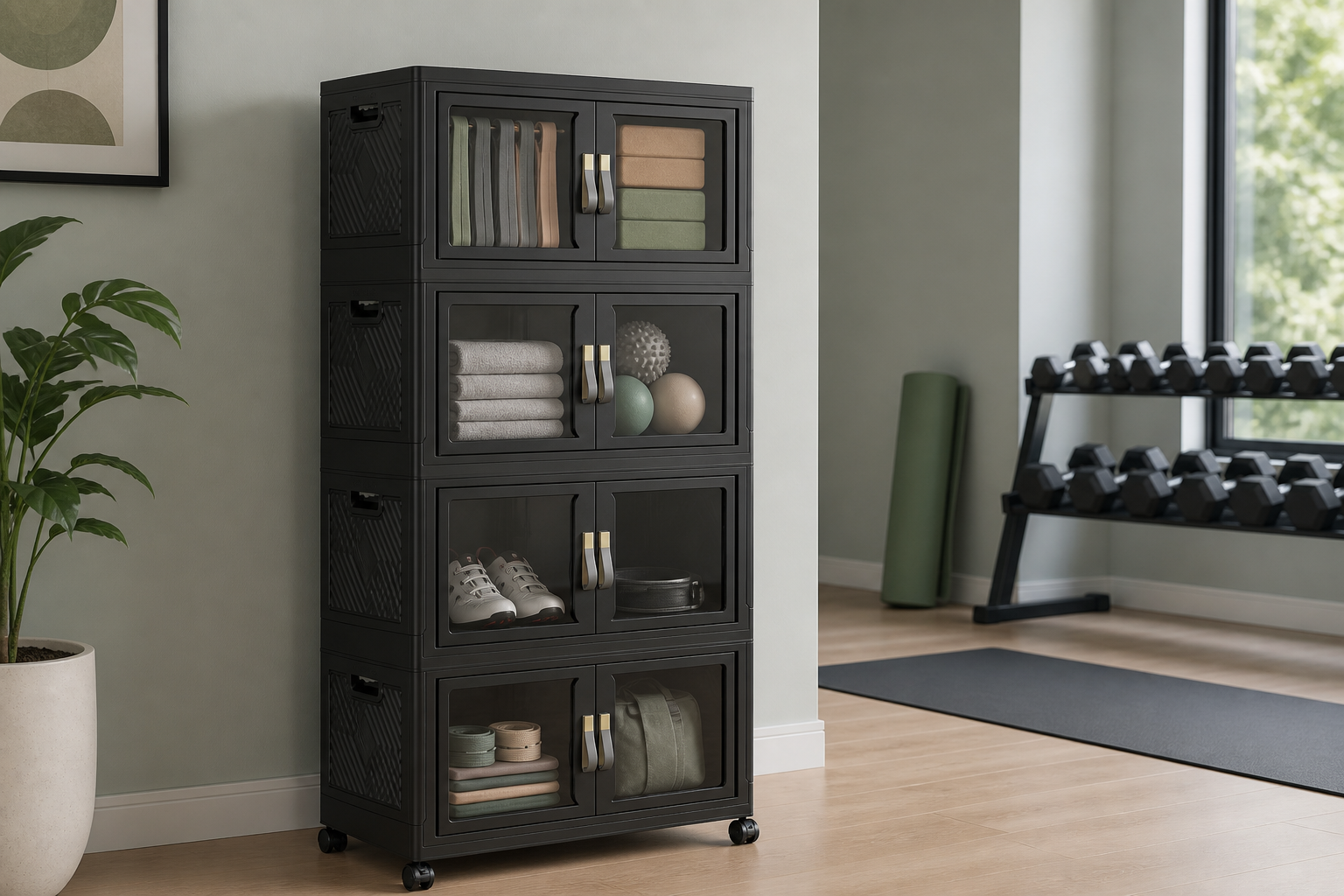 Black stackable home gym storage bins beside a yoga mat and compact workout area.