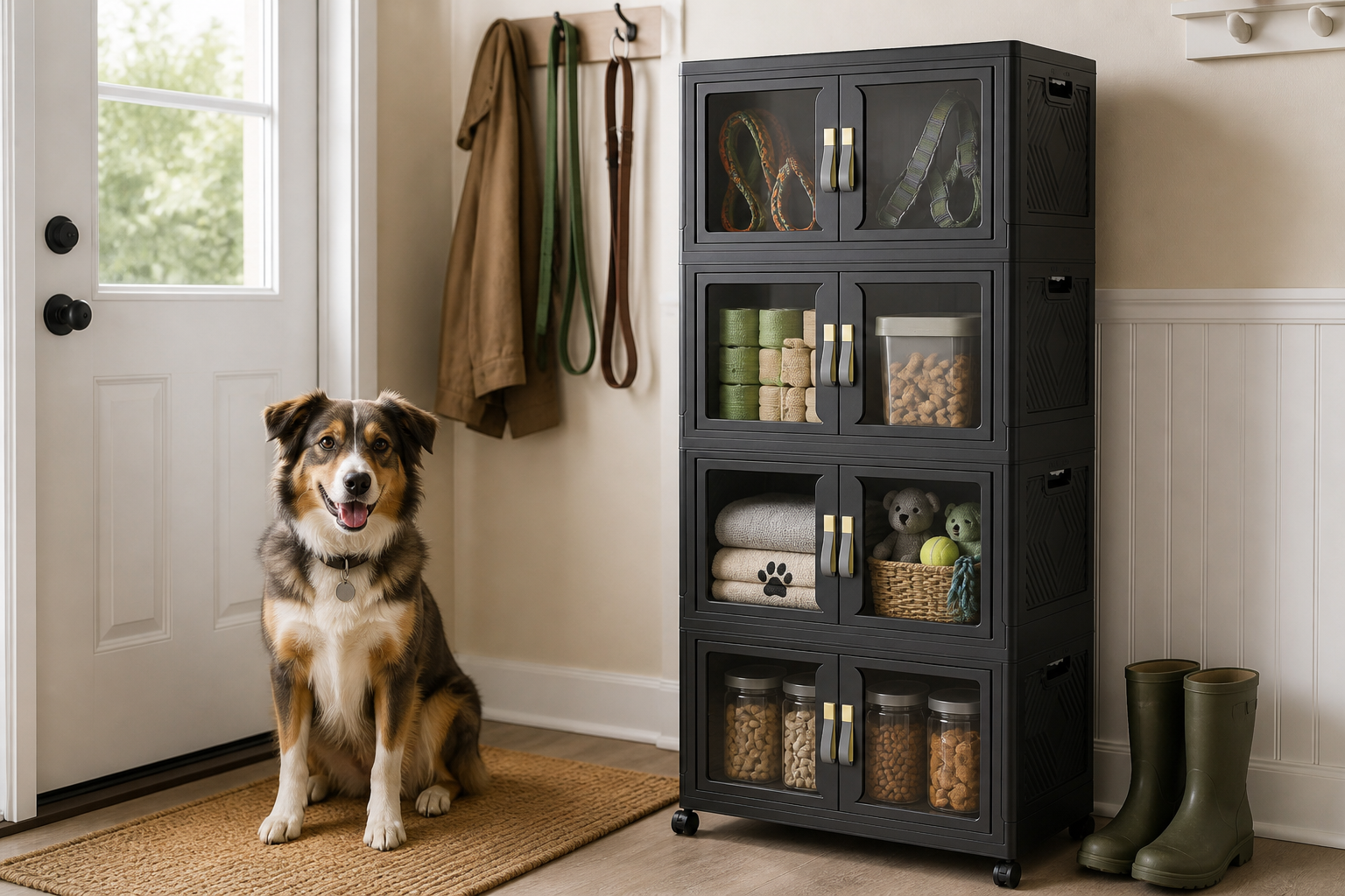 Black stackable storage bins for pet supplies beside a modern American mudroom entry.