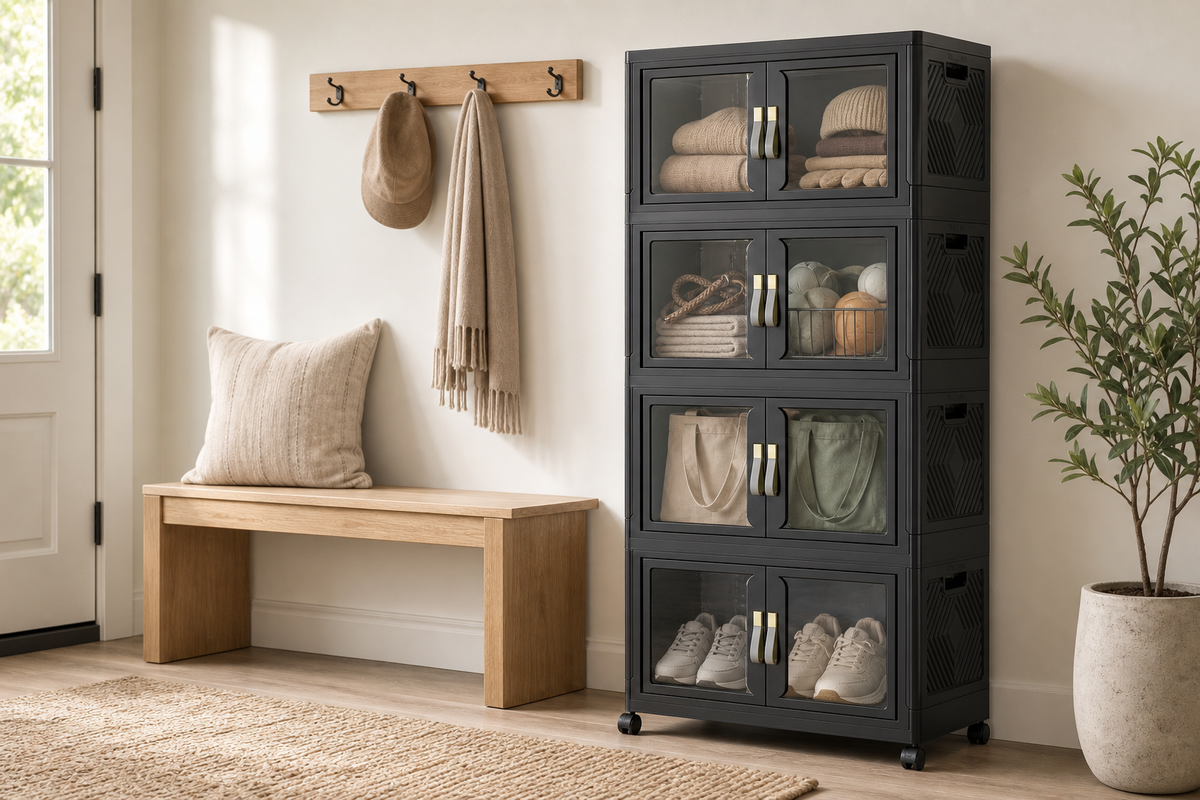 Black stackable plastic storage bins organizing shoes and family gear in a modern American entryway
