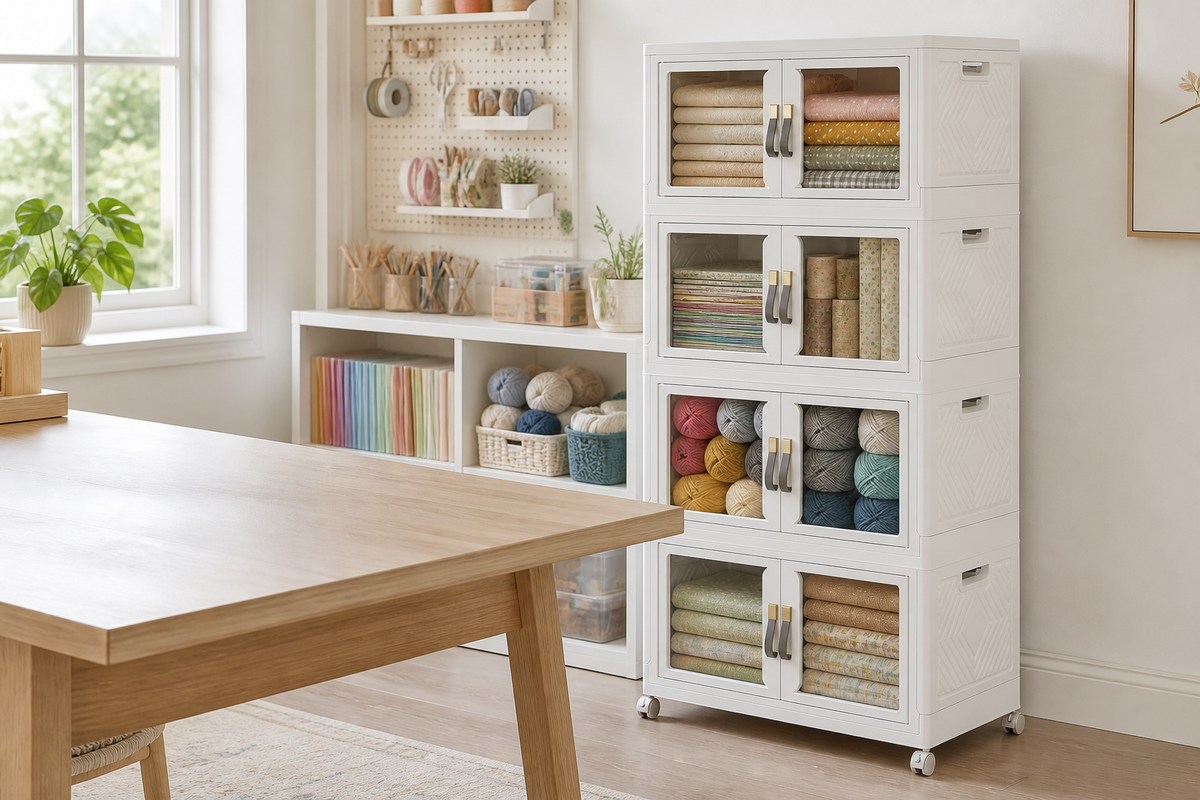 Clear stackable storage bins organizing fabric, paper, and tools in a bright American craft room.