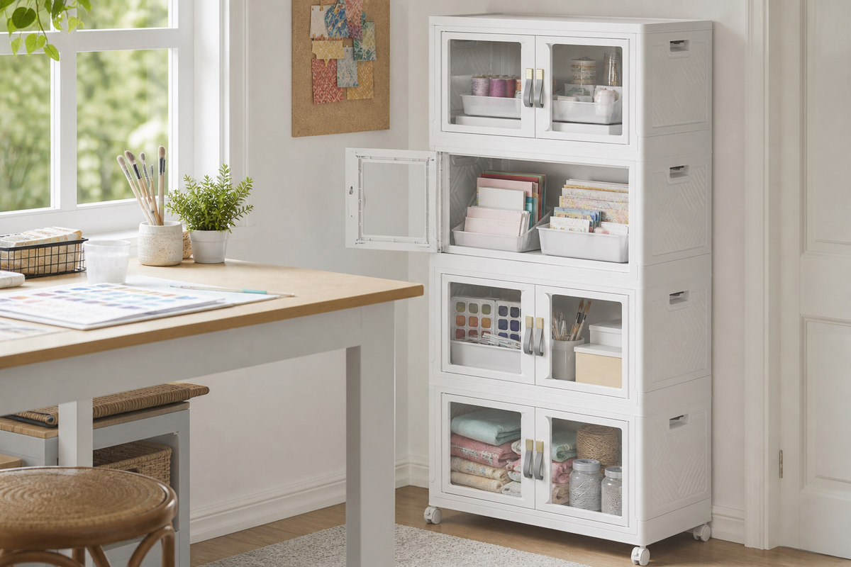 Collapsible stackable storage bins organizing clothes, snacks, and study supplies in an American dorm room.