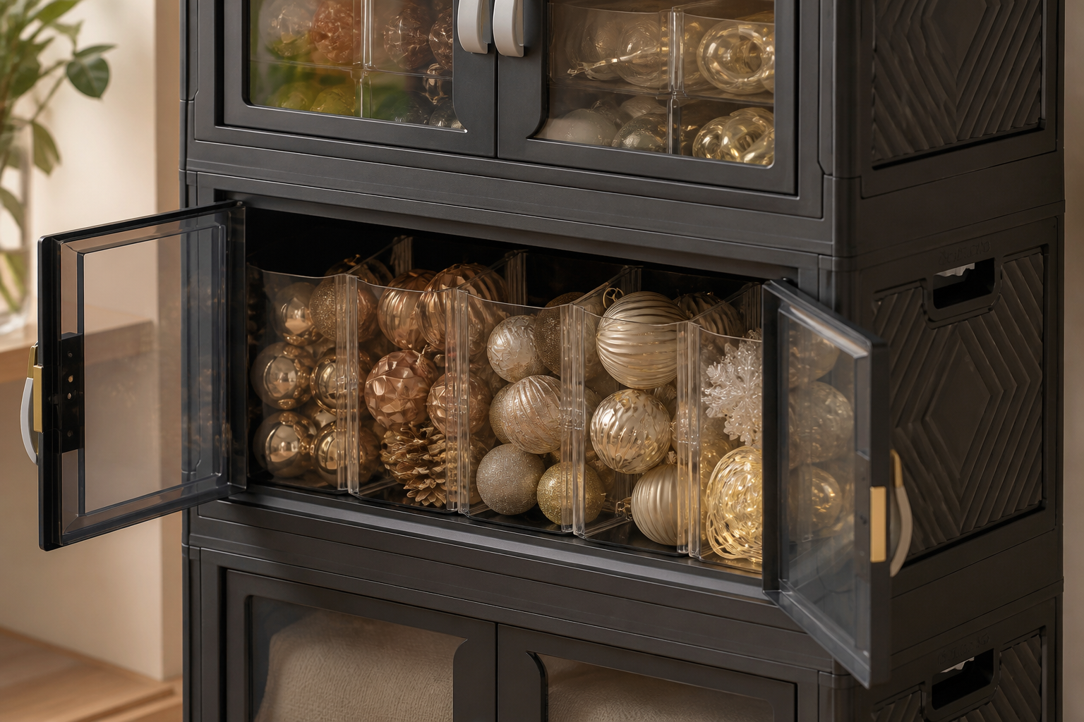 Black stackable storage bins organizing holiday decorations in a clean home storage room.