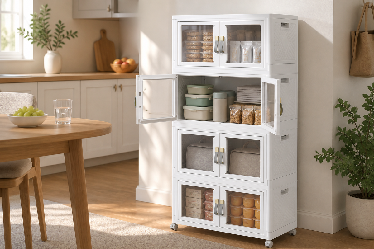 Stackable open front storage bins with lids organizing packaged food in a bright family pantry.