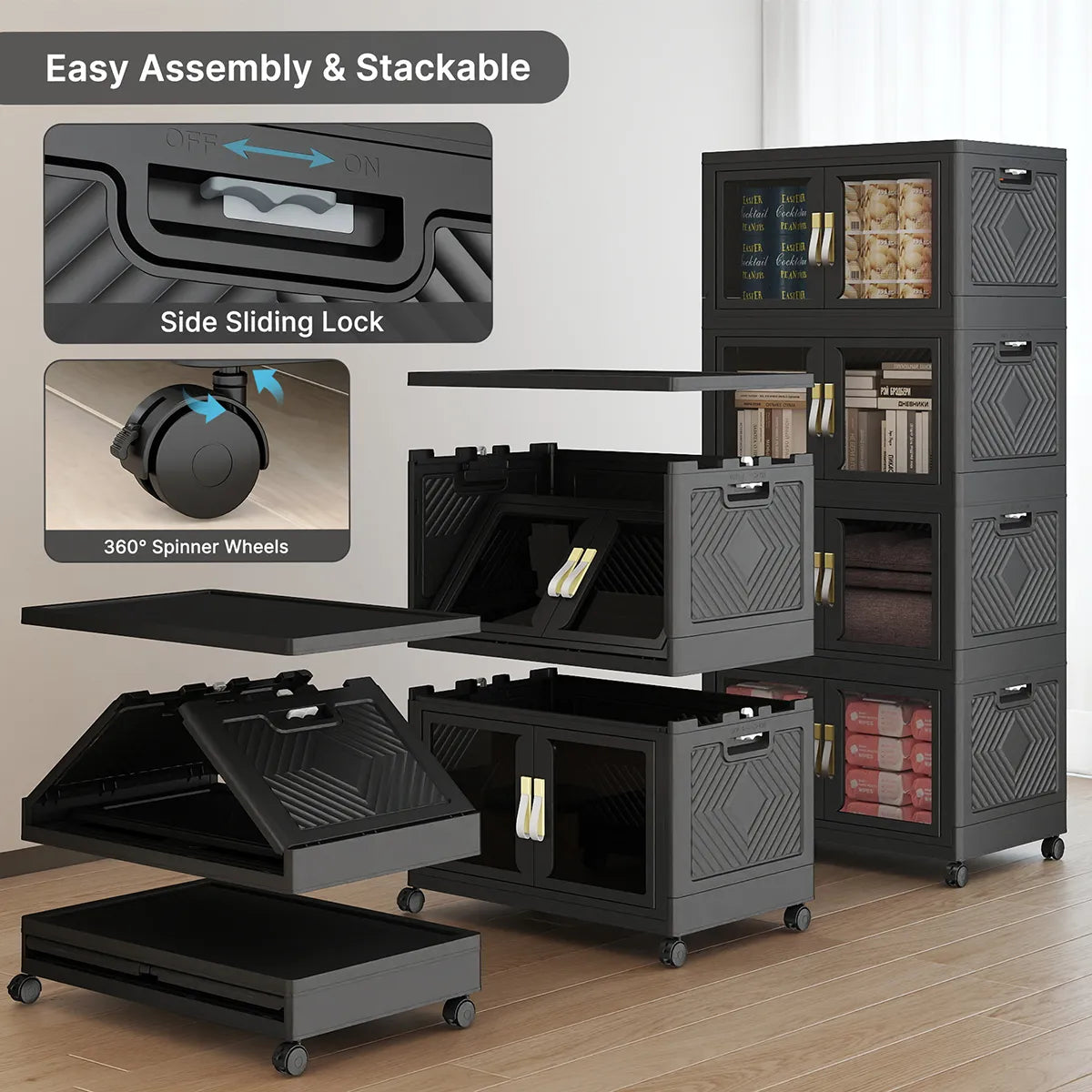 UAMFURI black storage cabinet folding design and wheel detail for easy movement