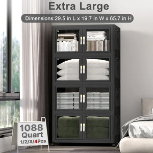 Extra large black stackable storage bins with clear doors, lids and wheels, 1088 quart 4 pack plastic storage cabinet