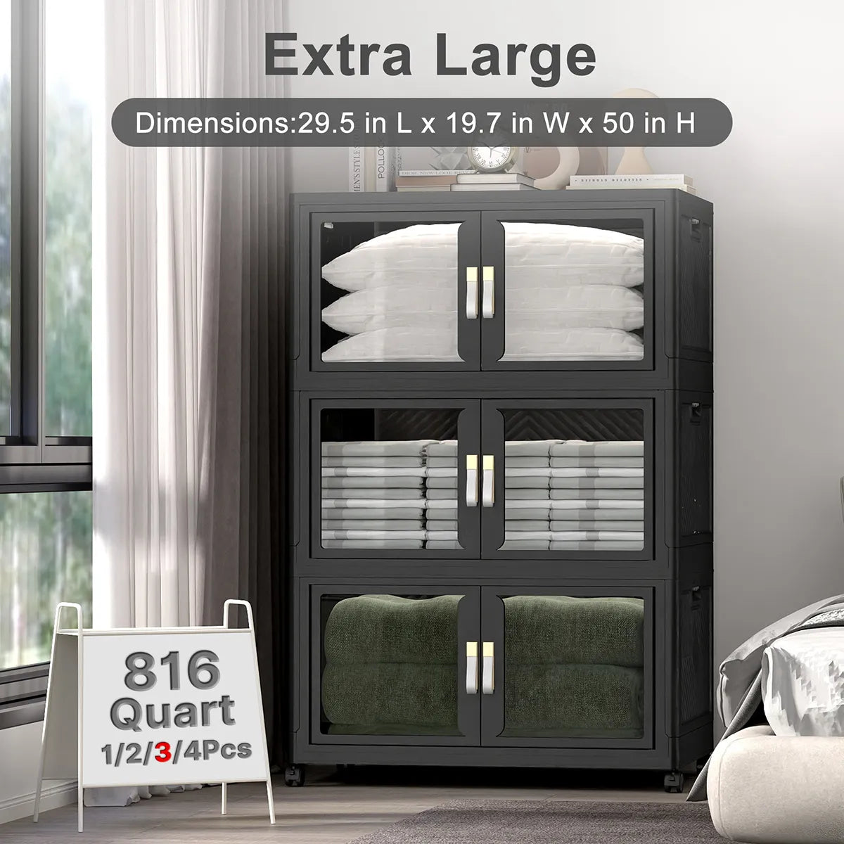 Extra large black plastic storage cabinet with doors, lids and wheels, 816 quart 3 pack stackable storage bins