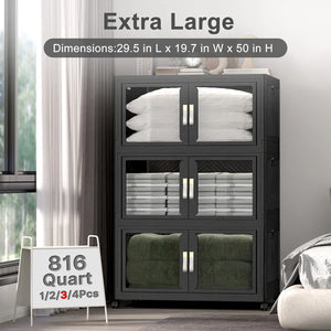 Extra large black plastic storage cabinet with doors, lids and wheels, 816 quart 3 pack stackable storage bins