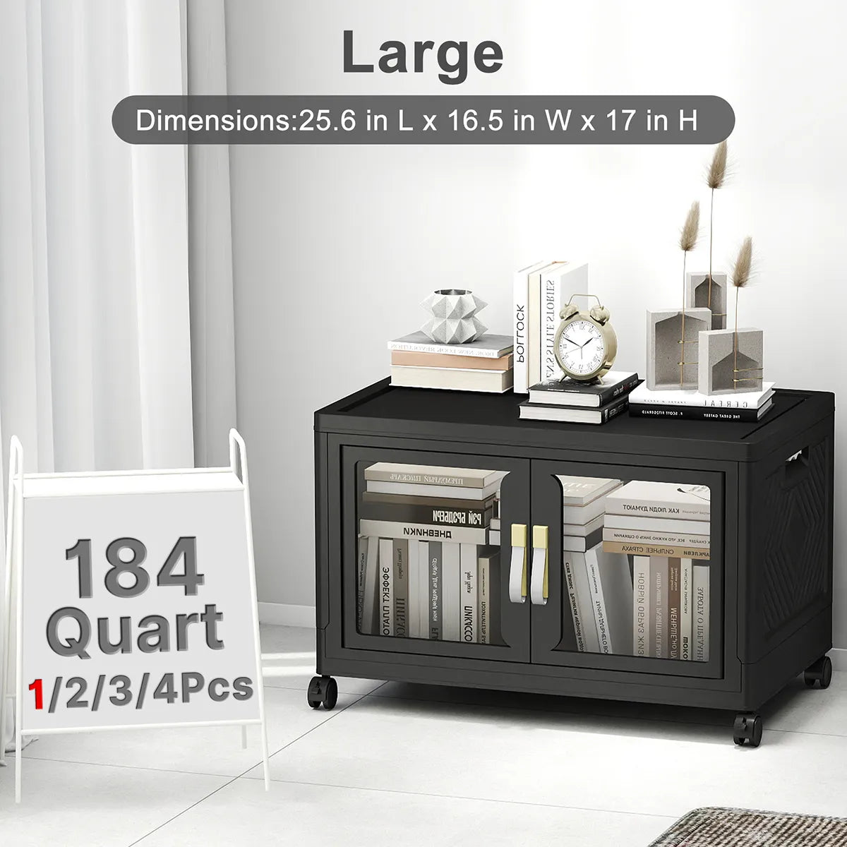 Large black plastic storage cabinet with clear doors, lids and wheels, 184 quart 1 pack stackable storage bin