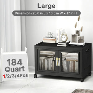 Large black plastic storage cabinet with clear doors, lids and wheels, 184 quart 1 pack stackable storage bin