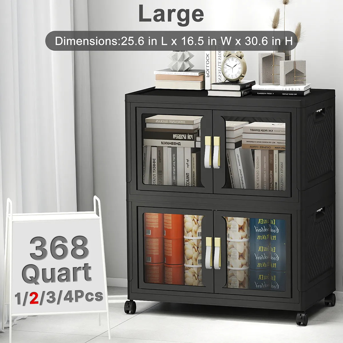 Black large stackable plastic storage cabinet with clear doors and wheels, 368 quart 2 pack storage bins