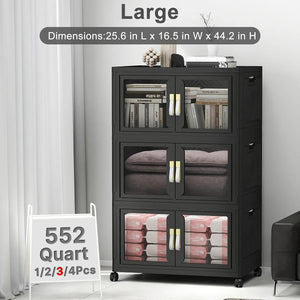 Large black plastic storage cabinet with doors, lids and wheels, 552 quart 3 pack stackable storage bins