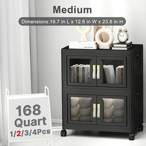Black stackable plastic storage cabinet with clear doors and wheels, medium 168 quart 2 pack storage bins