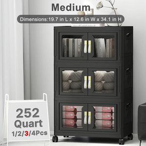 Medium black plastic storage cabinet with doors, lids and wheels, 252 quart 3 pack stackable storage bins