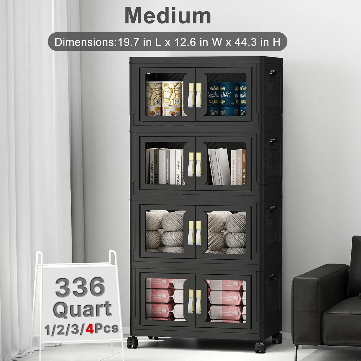 Black stackable storage bins with clear doors, lids and wheels, medium 336 quart 4 pack plastic storage cabinet