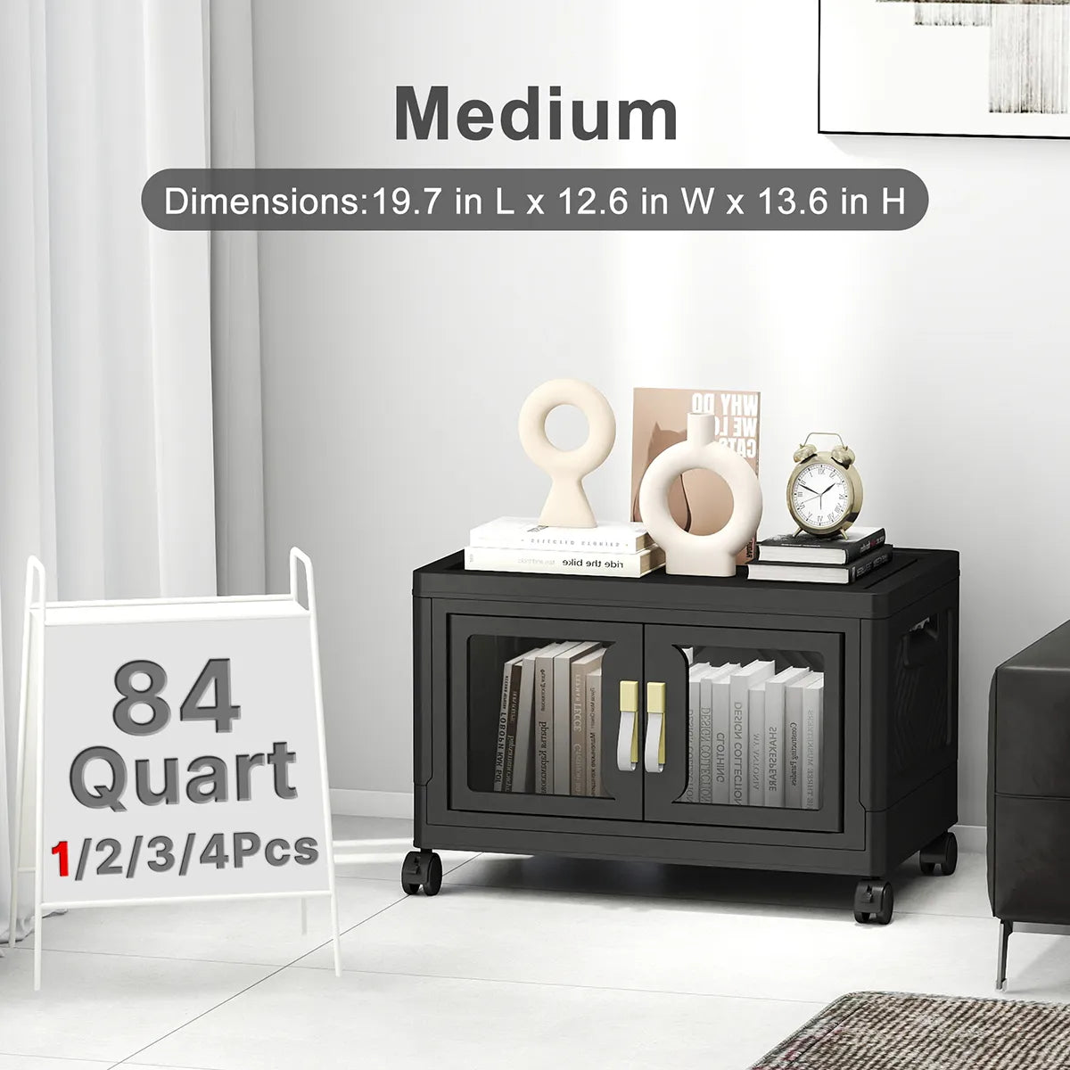 Black plastic storage cabinet with clear doors, lids and wheels, medium 84 quart 1 pack stackable storage bin