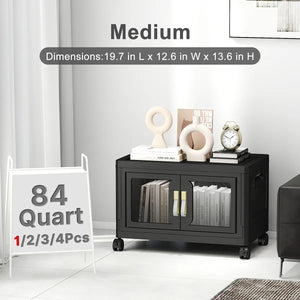 Black plastic storage cabinet with clear doors, lids and wheels, medium 84 quart 1 pack stackable storage bin