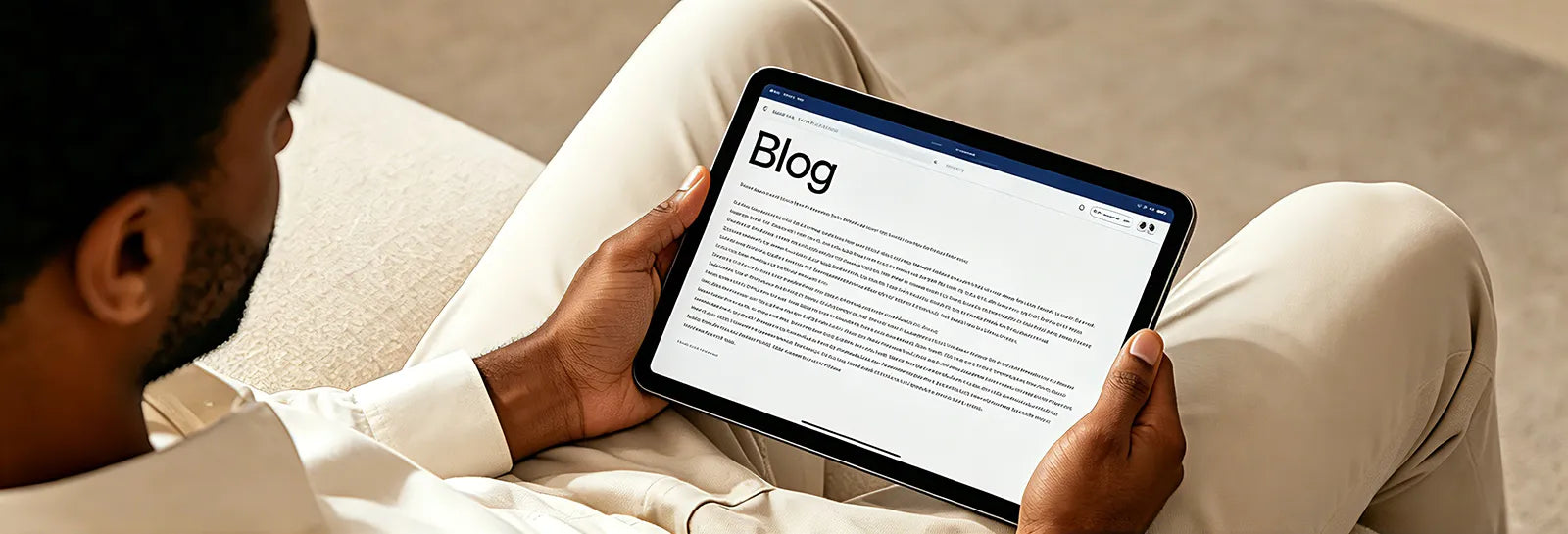Person reading blog content on a tablet, blog page header background
