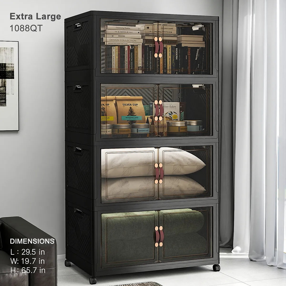 Extra Large 1088QT black stackable storage bins with clear front doors and wheels for blankets pillows books and home organization