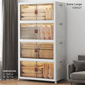Extra Large 1088QT white stackable plastic storage cabinet with clear doors and wheels for blankets clothes and closet storage