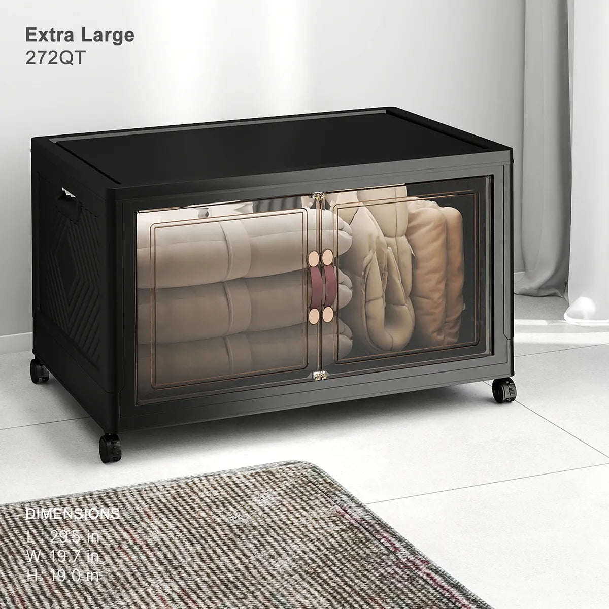 Extra Large 272QT black stackable storage bin with clear front doors and wheels for blankets and home organization