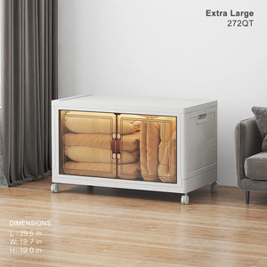 Extra Large 272QT white stackable storage bin with clear front doors and wheels for blankets clothes and home storage