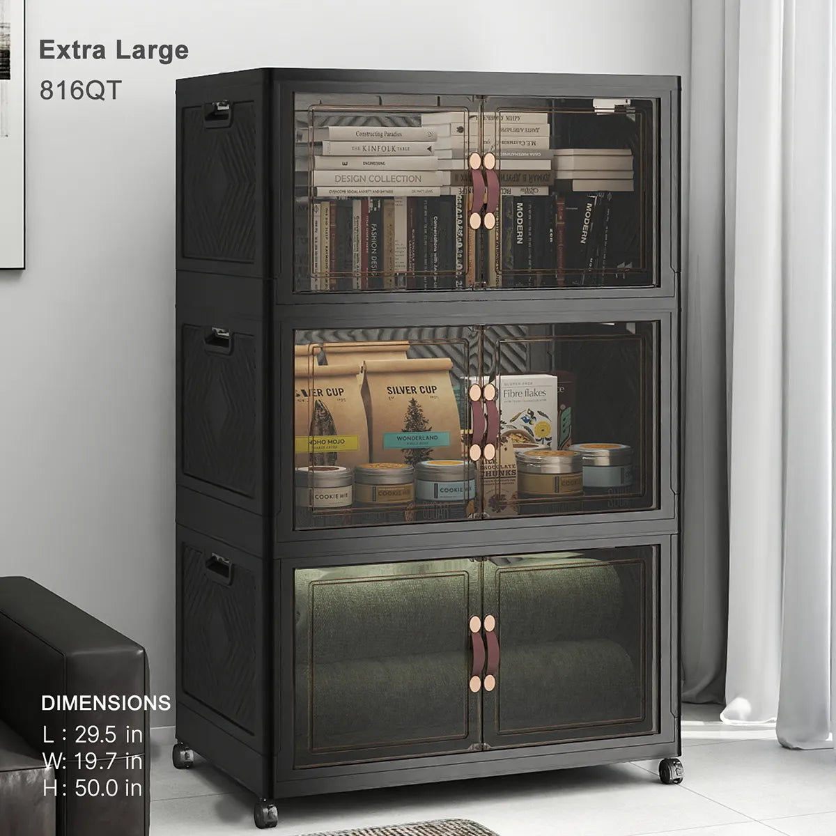 cabinet-with-wheels.jpg	Extra Large 816QT black foldable plastic storage cabinet with clear doors and wheels for books blankets and household storage