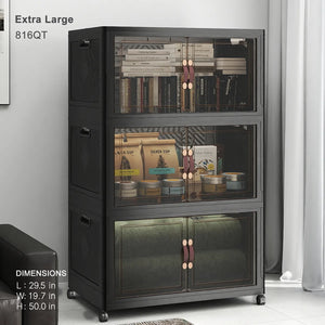 cabinet-with-wheels.jpg	Extra Large 816QT black foldable plastic storage cabinet with clear doors and wheels for books blankets and household storage