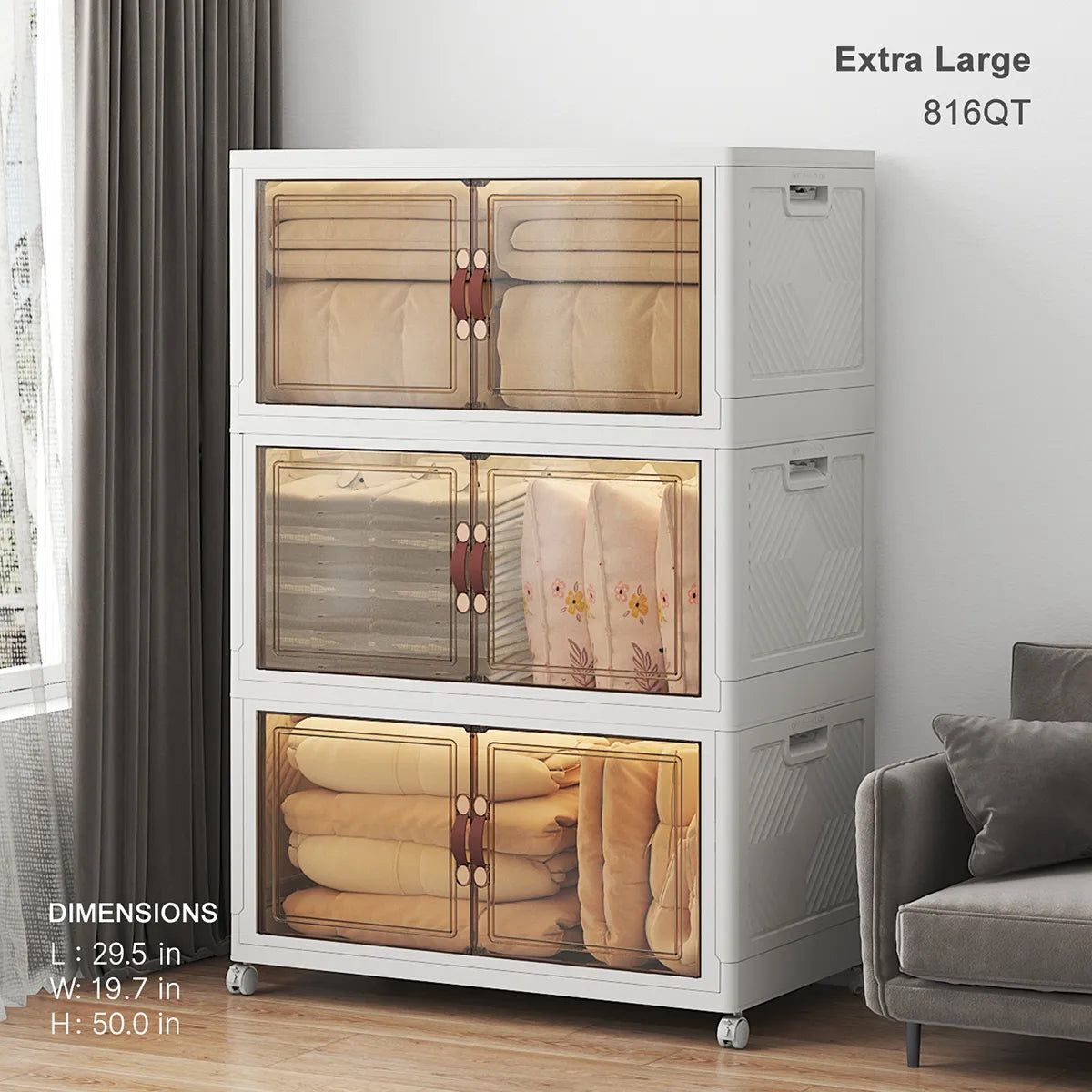 Extra Large 816QT white stackable storage cabinet with clear front doors and wheels for blankets linens and bedroom storage