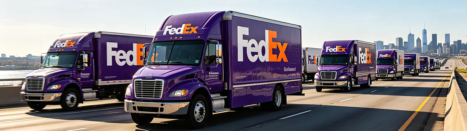 FedEx delivery fleet background for shipping policy page header