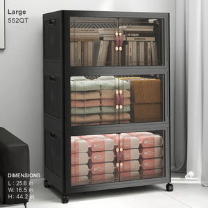 Large 552QT black stackable plastic storage cabinet with clear doors and wheels for books clothes and household items