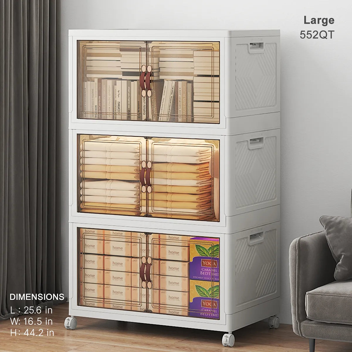 Large 552QT white stackable plastic storage cabinet with clear front doors and wheels for bedroom and closet organization