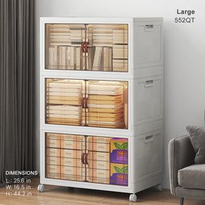 Large 552QT white stackable plastic storage cabinet with clear front doors and wheels for bedroom and closet organization