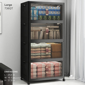 Large 736QT black stackable storage cabinet with clear front doors and wheels for closet bedroom and home storage