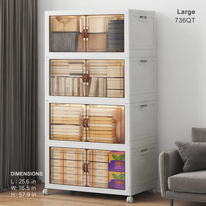 Large 736QT white stackable storage cabinet with clear front doors and wheels for clothes blankets and household items