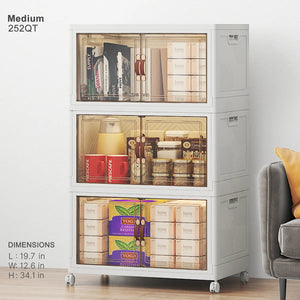 Medium 252QT white stackable storage bins with clear front doors and wheels for home organization
