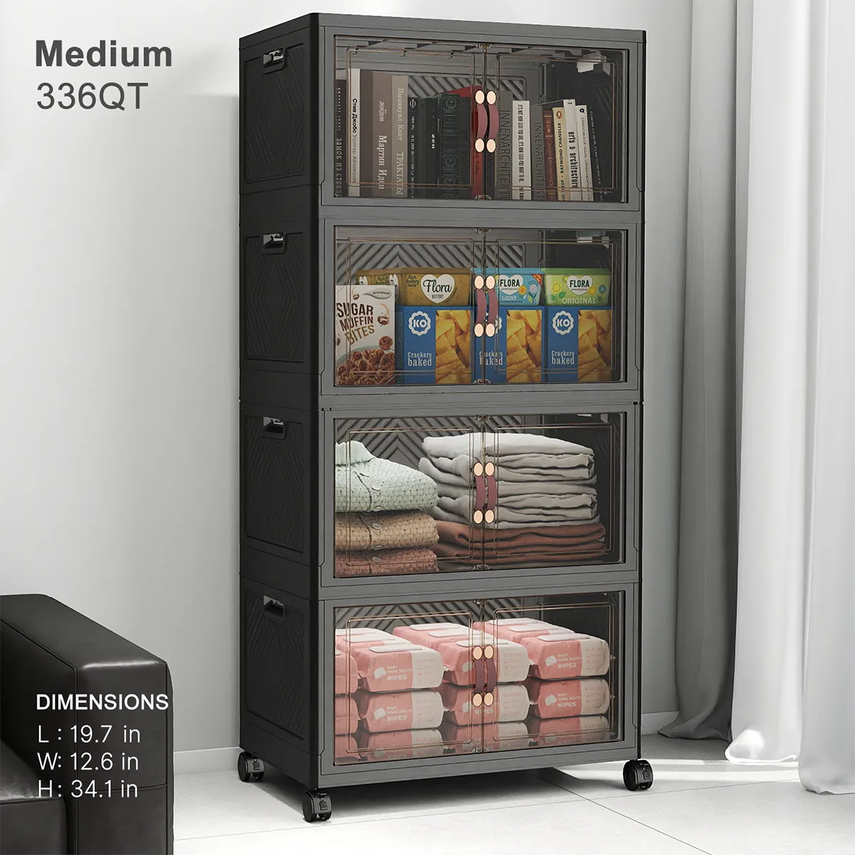 84-1088QT Black Stackable Storage Bins with Doors & Wheels | UAMFURI