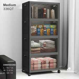 Medium 336QT black stackable storage bins with clear front doors and wheels for clothes books and home organization